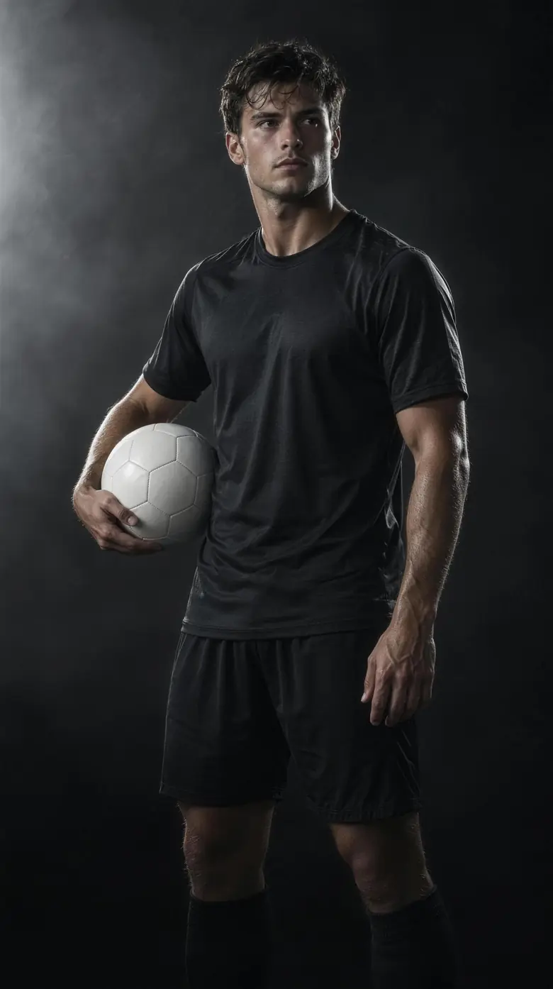 Fotbalist în echipament negru, cu mingea sub braț