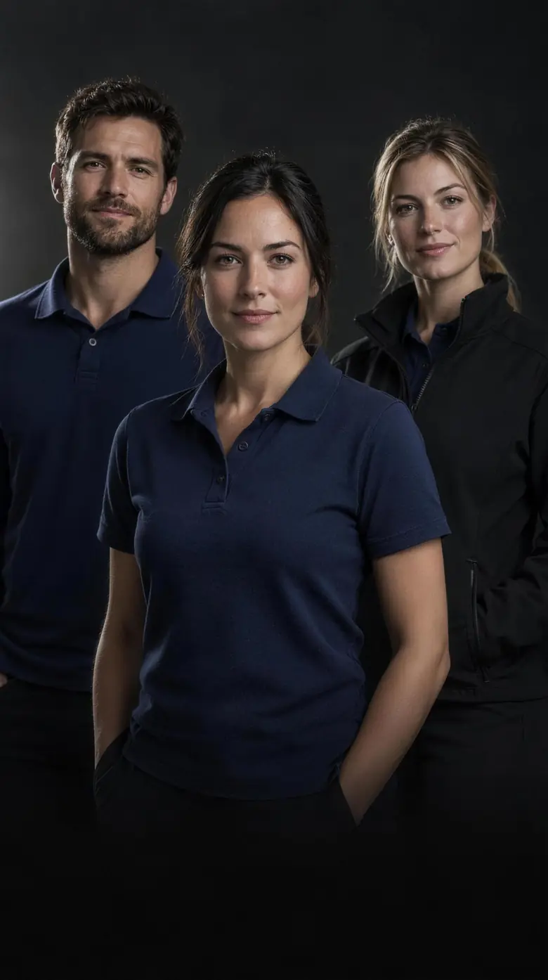 Trei colegi în tricouri polo bleumarin și jachetă neagră