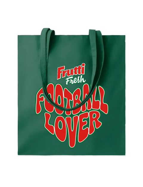 Sacoșă verde din pânză, cu mânere lungi, cu inscripția roșie „Football Lover” și logo-ul Frutti Fresh