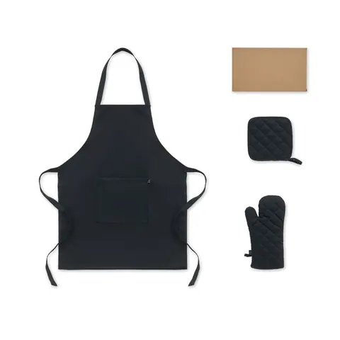 Set bucătărie bumbac reciclat GALA — culoarea Negru, față
