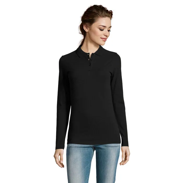 Tricou polo cu mânecă lungă damă PERFECT LSL — culoarea Negru, față