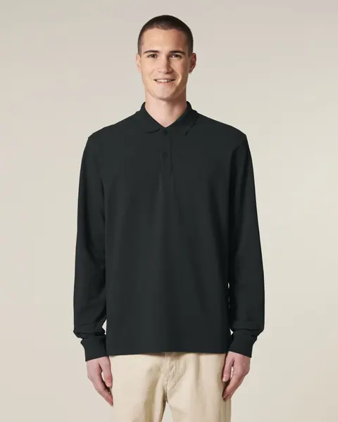 Tricou polo Prepster 2.0 Long Sleeve Stanley/Stella — culoarea Negru, purtat de model, față