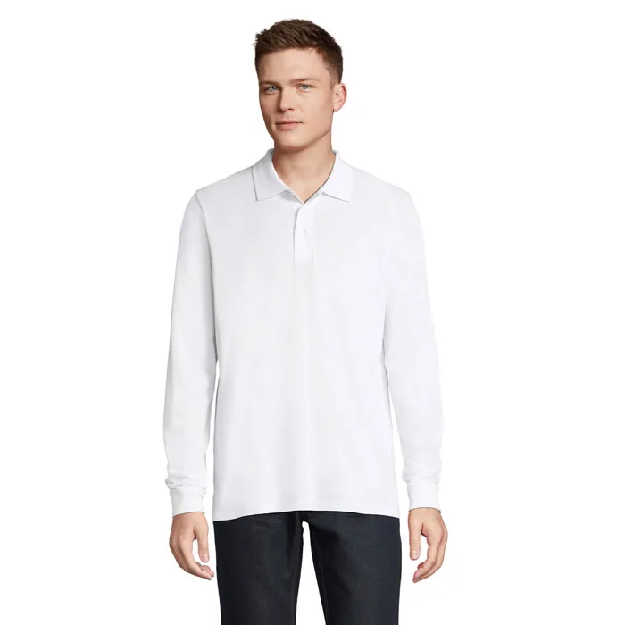 Tricou polo cu mânecă lungă unisex PRIME LSL — culoarea Alb, față