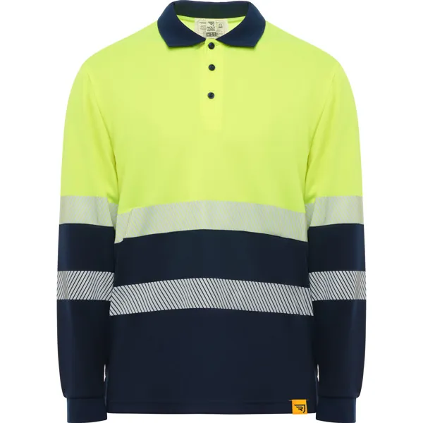 Tricou polo reflectorizant cu mânecă lungă unisex Vega Ls — culoarea Bleumarin / Galben fluor, imagine produs